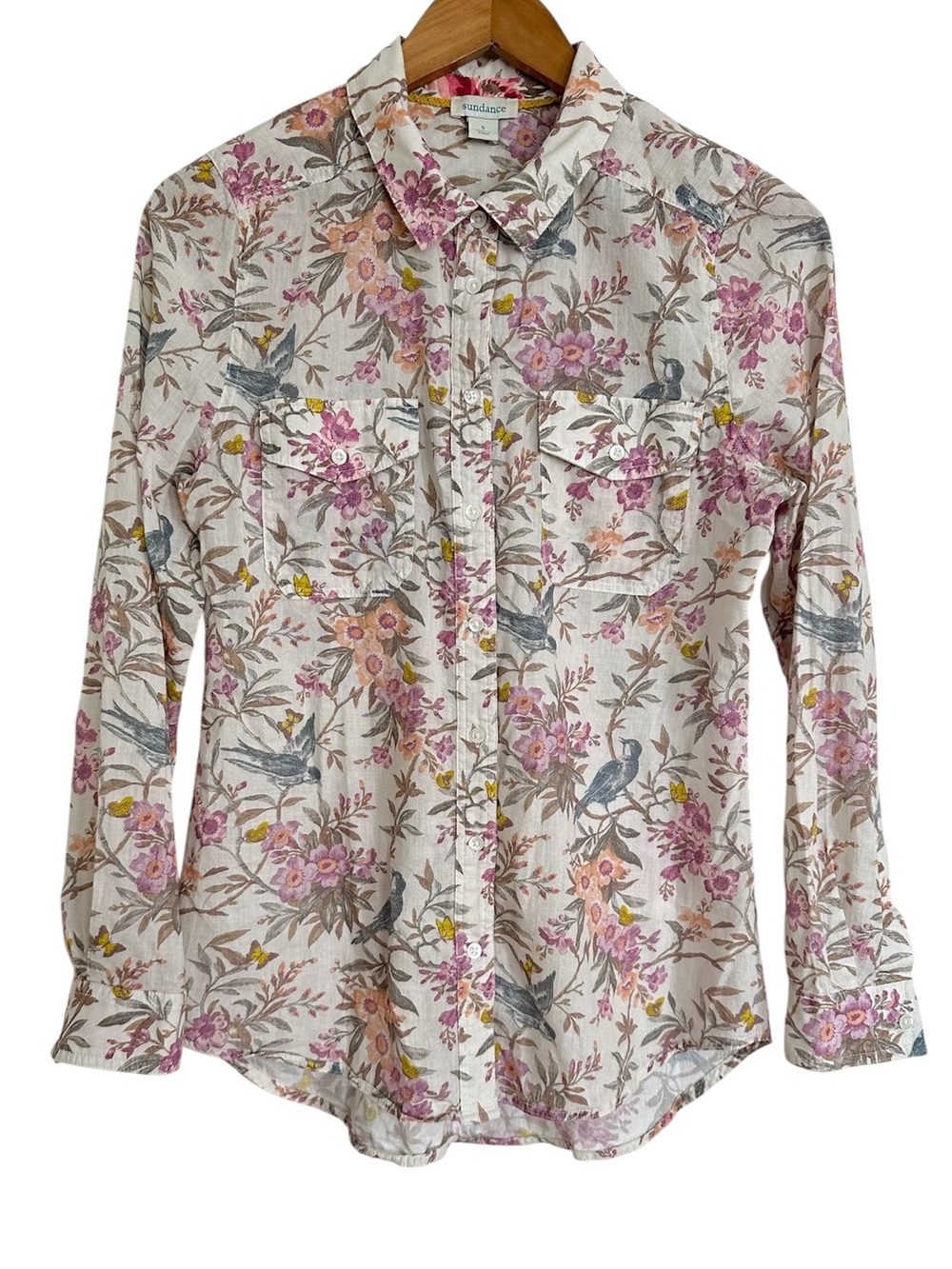 Sundance Floral Birds Cotton Button-Down Shirt Top Small Cream Nature Wildlife